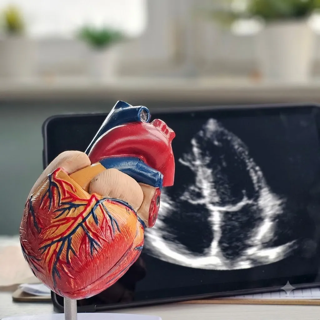 Echocardiogram monitor showing heart imaging