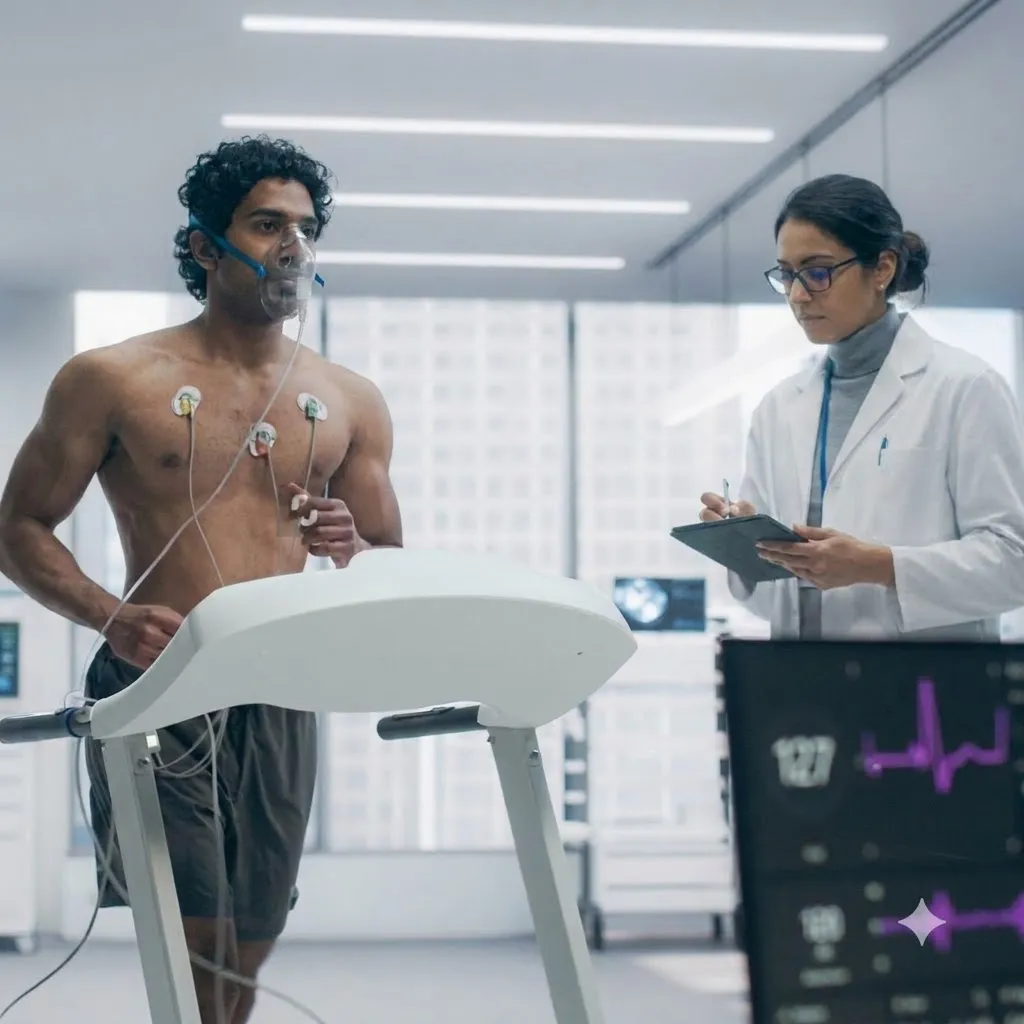 Technician preparing treadmill stress test equipment
