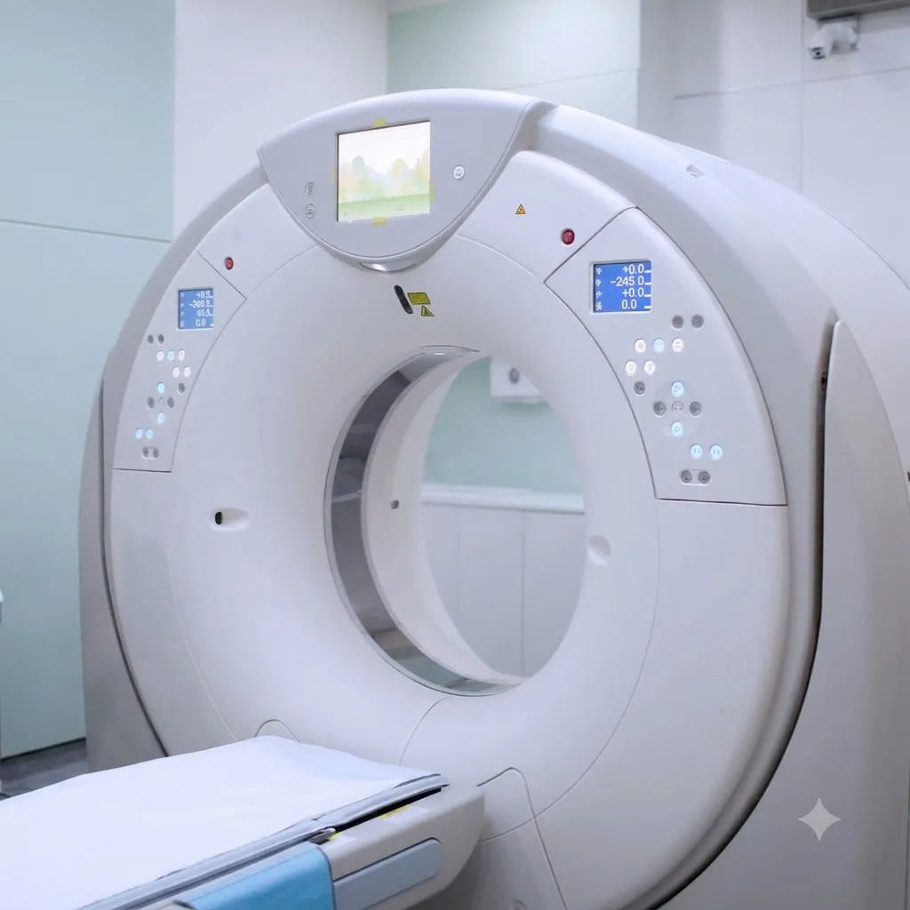 Radiology technician operating CT equipment