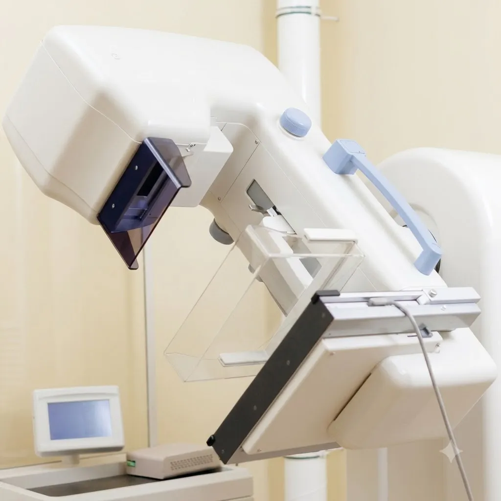 Radiology technician operating mammography equipment