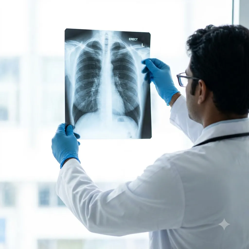 Radiology technician operating X-ray equipment