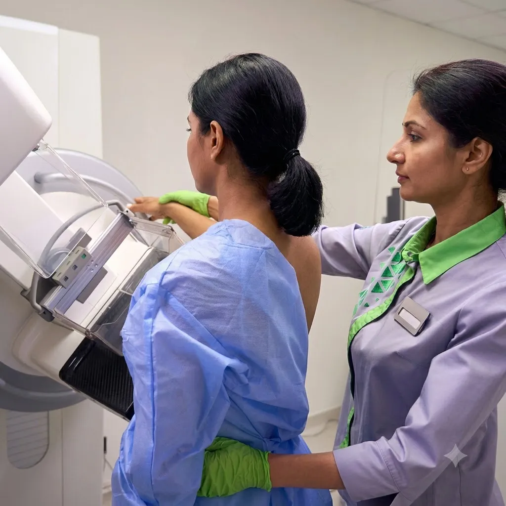 Patient preparing for a mammography screening