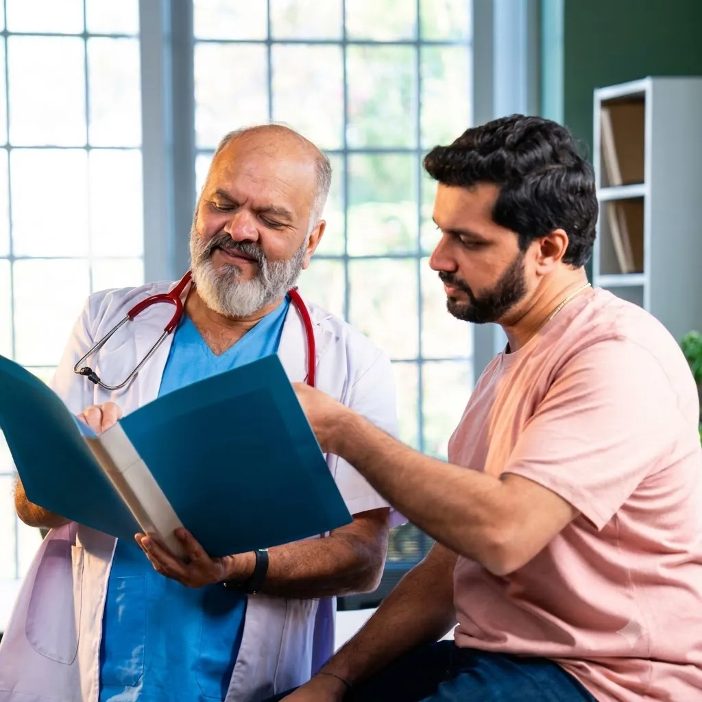 Patient consulting a doctor after their master health checkup